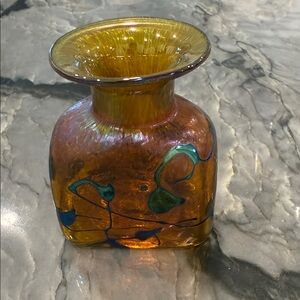 Artistic Glass Iridescent  Vase with Yellow and Brown Hues & Green Design